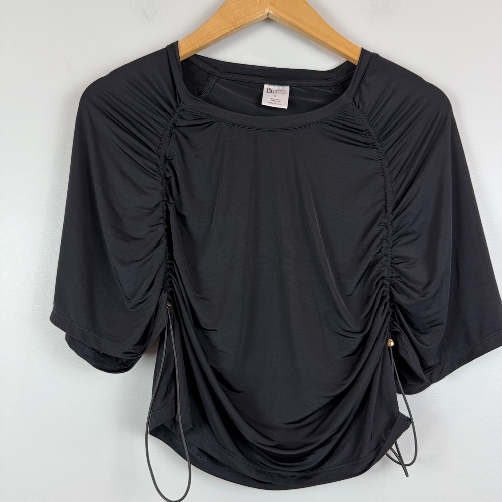 Buff Bunny Collection Canopy Top Women's S Black Ruched Detail Short Sleeve Crop